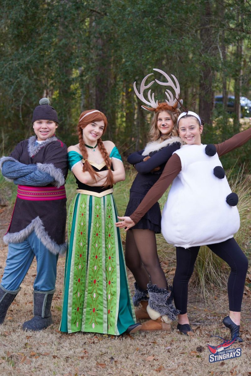 Kristoff (Jacob Reeves), Anna (Maggie Drury), Sven (Sonya Nadolski), and Olaf (Lucia Carbone).