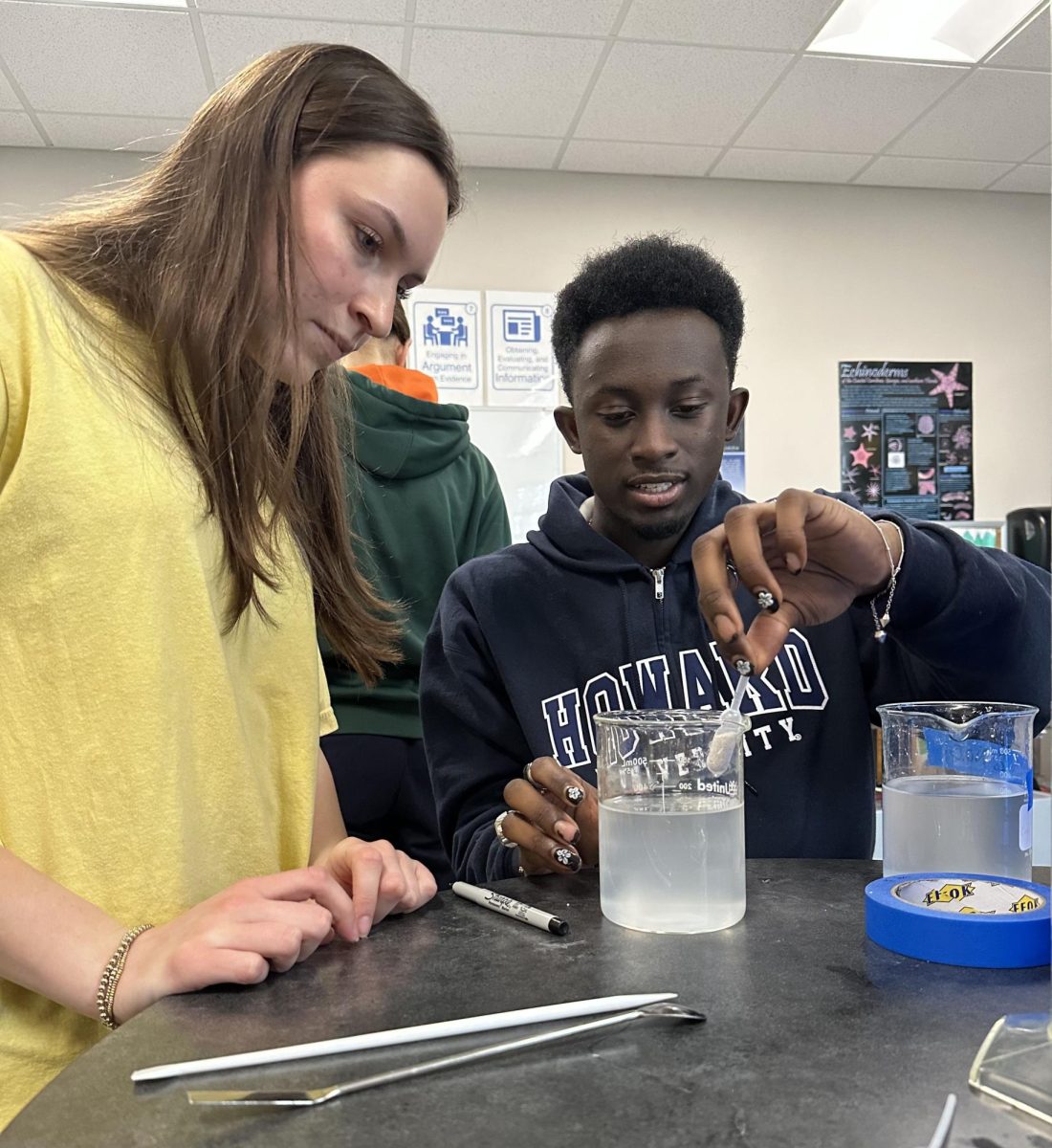Ella Land, left, and Blake Burke working on water quality experiment.